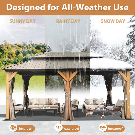 Domi 12x20 ft Wood Gazebo, Cedar Wood Frame Hardtop Gazebo with Galvanized Steel Double Roof, Outdoor Gazebo with Netting and Curtains, Patio Gazebo Pergola Pavilion for Patio, Backyard, Deck, Lawns
