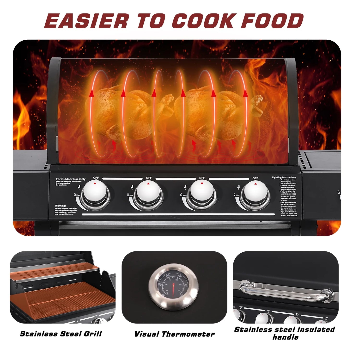 Haverchair 4-Burner Gas BBQ Grill, Cast Iron Barbecue Gas Grill with Side Burner and Bottle Opener for Outdoor Patio Garden Picnic Backyard Cooking, 50,000BTU Black