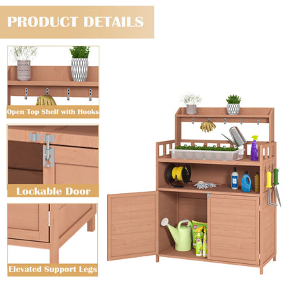 CASEMIOL Potting Bench for Outside, Outdoor Garden Work Bench with Storage Cabinet & Top Shelf, Fir Wood Potting Table with Raised Legs, 3 Hooks, Waterproof Gardening Workstation for Patio & Backyard