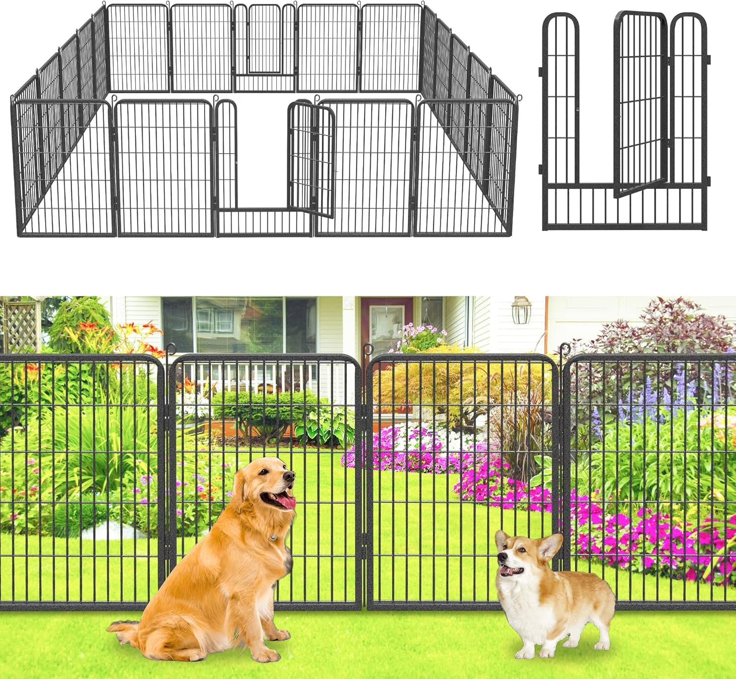Jhsomdr Garden Fence Outdoor 22ft(L)32in(H) No Dig Fence Panels with Gate, 10 Panels Decorative Garden Fencing Metal Animal Barrier Fence Flower Bed Fencing for Patio Backyard