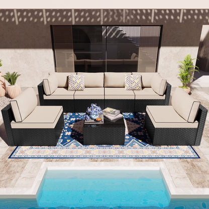 Walsunny 7 Piece Outdoor Patio Conversation Set, Rattan Sectional Sofa Set, All-Weather Outdoor Modern Sectional Furniture Wicker Couch with Glass Coffee Table,Navy Blue