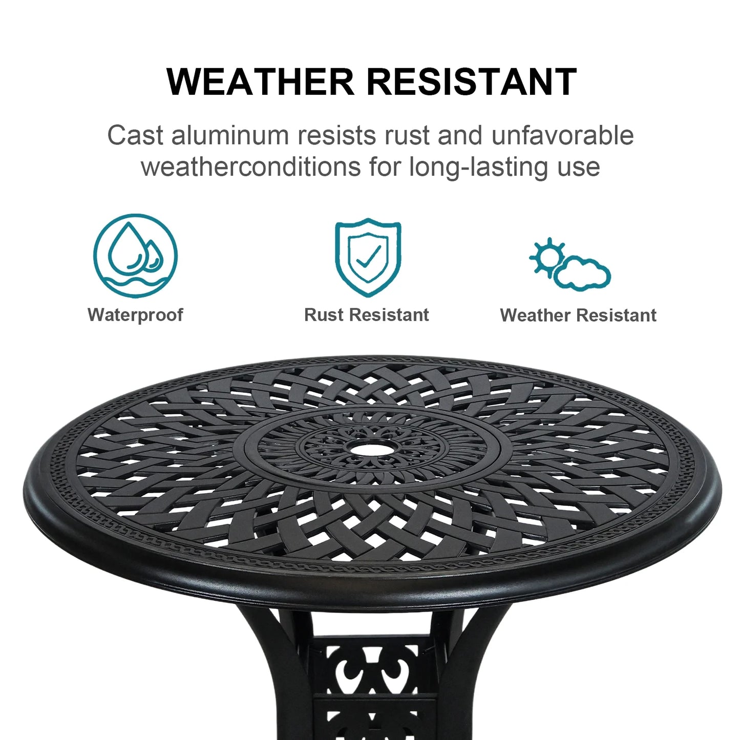30.3 Inch Round Patio Table Cast Aluminum Patio Table,Metal Patio Dining Table with Umbrella Hole,All Weather Outdoor Bistro Dining Table for Backyard, Garden, Balcony, Black