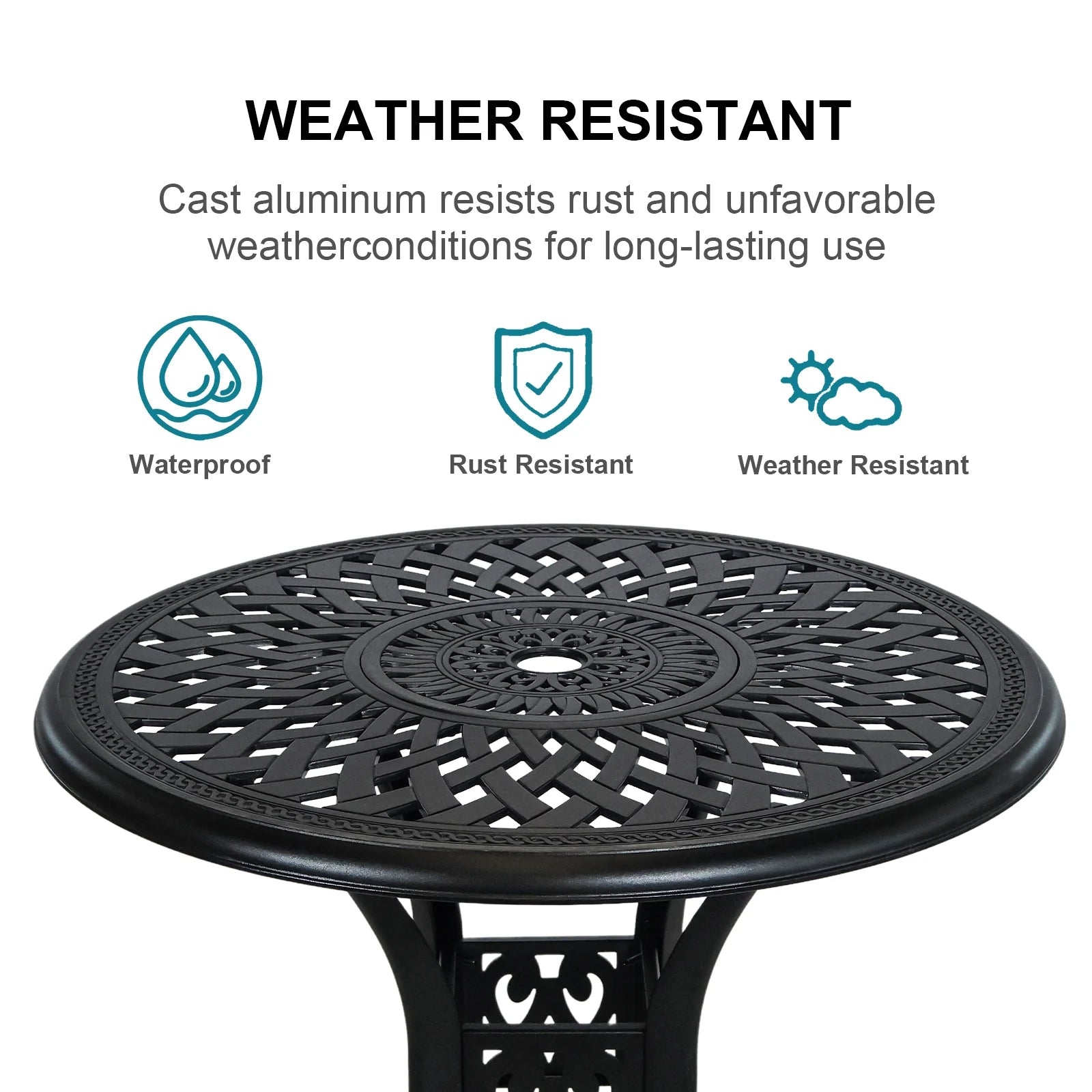 30.3 Inch Round Patio Table Cast Aluminum Patio Table,Metal Patio Dining Table with Umbrella Hole,All Weather Outdoor Bistro Dining Table for Backyard, Garden, Balcony, Black
