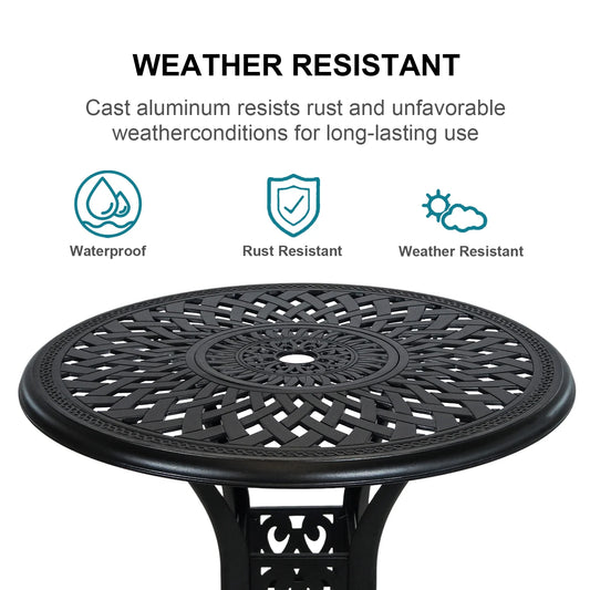 30.3 Inch Round Patio Table Cast Aluminum Patio Table,Metal Patio Dining Table with Umbrella Hole,All Weather Outdoor Bistro Dining Table for Backyard, Garden, Balcony, Black