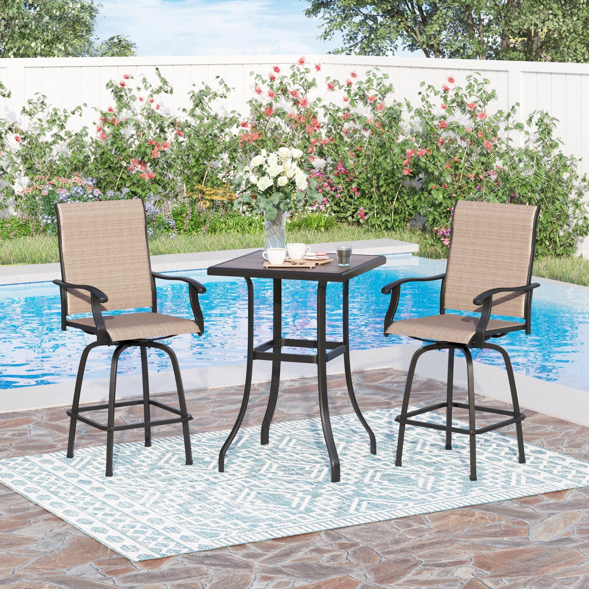 Sophia & William 2 Pcs Outdoor Swivel Metal Bar Stools Patio Height Textilene Chairs in Brown