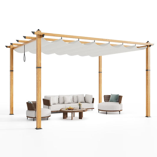 10x13 Ft Aluminum Pergola,Outdoor Metal Gazebo with Adjustable Canopy,Reinforced Frame Outdoor Shelter for Backyard,Patio Lawn and Deck - Wood grain beige