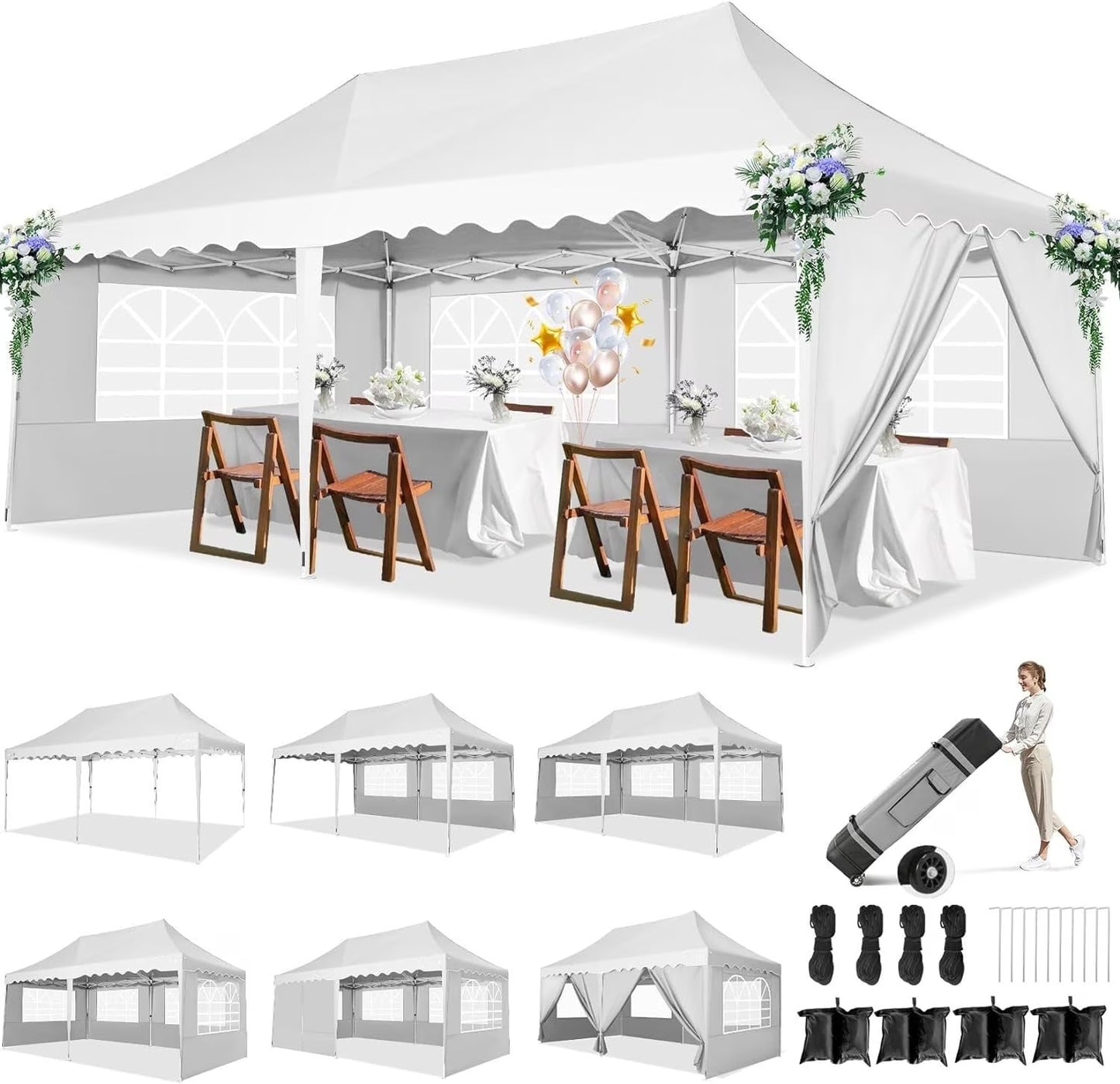 SANOPY 10'x 20' Pop up Canopy Tent, Commercial Heavy Duty Canopy with 6 Removable Side Walls Portable Shelter for Patio Picnic Gazebo Party Wedding, White