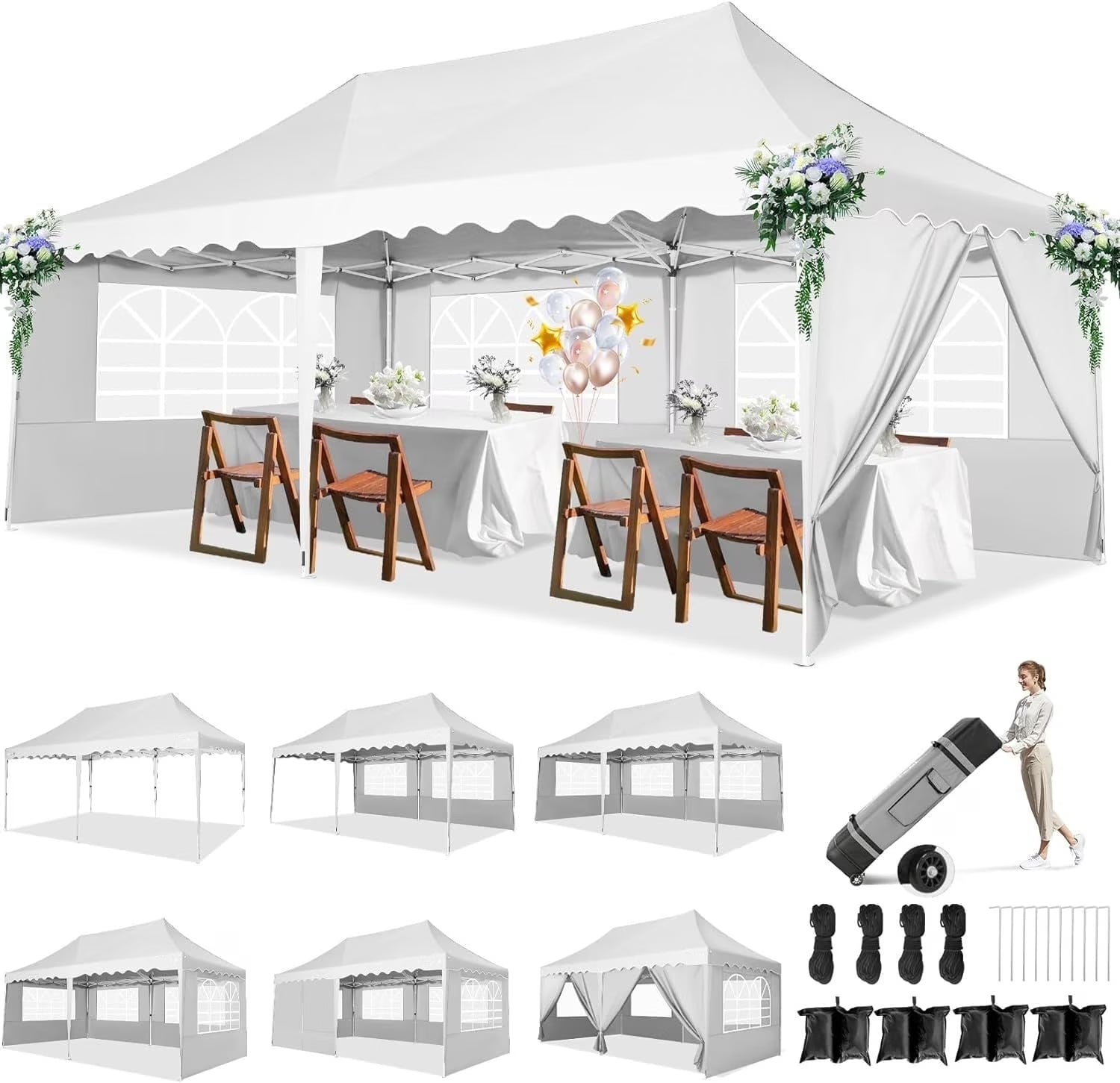 SANOPY 10'x 20' Pop up Canopy Tent, Commercial Heavy Duty Canopy with 6 Removable Side Walls Portable Shelter for Patio Picnic Gazebo Party Wedding, White