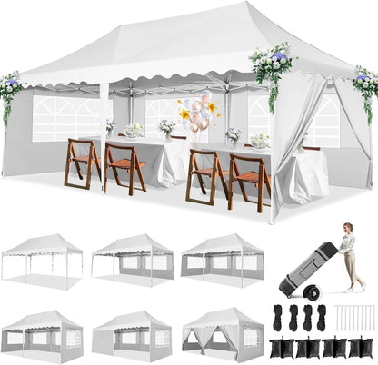 SANOPY 10'x 20' Pop up Canopy Tent, Commercial Heavy Duty Canopy with 6 Removable Side Walls Portable Shelter for Patio Picnic Gazebo Party Wedding, White
