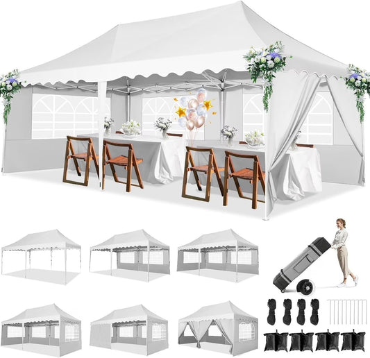 SANOPY 10'x 20' Pop up Canopy Tent, Commercial Heavy Duty Canopy with 6 Removable Side Walls Portable Shelter for Patio Picnic Gazebo Party Wedding, White