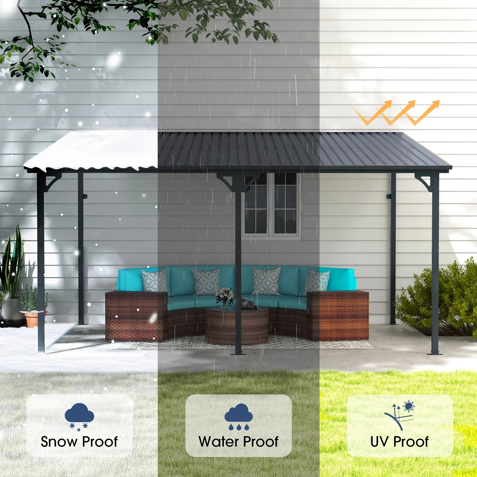 8' x 10' Outdoor Pergola Gazebo, Lean to Awnings Gazebos, Heavy Duty Hard Top Metal Pergola with Roof, for Patio, Backyard, Decks, Poolside