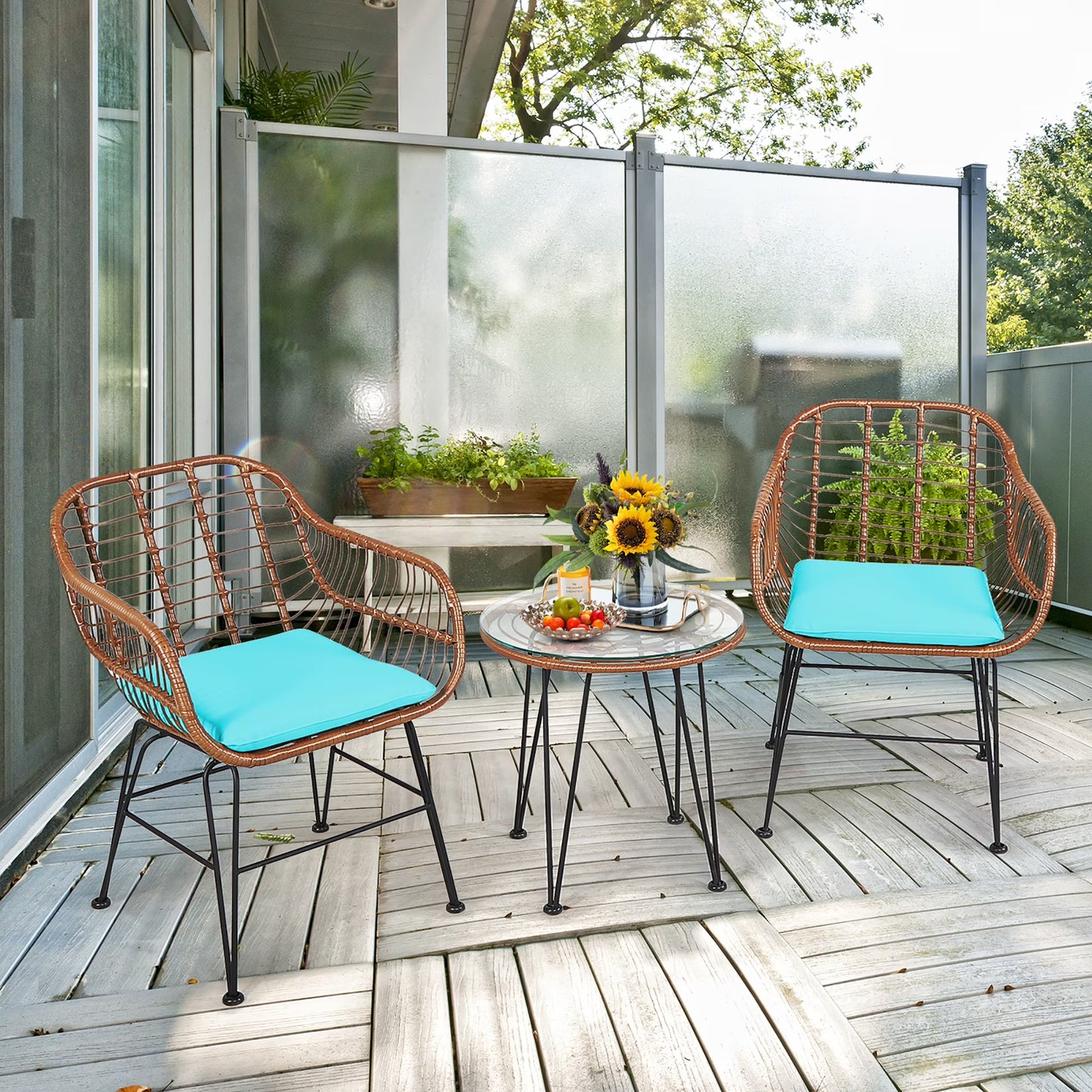 Costway 3PCS Patio Rattan Bistro Set Coffee Table Armchair Garden Red Cushion