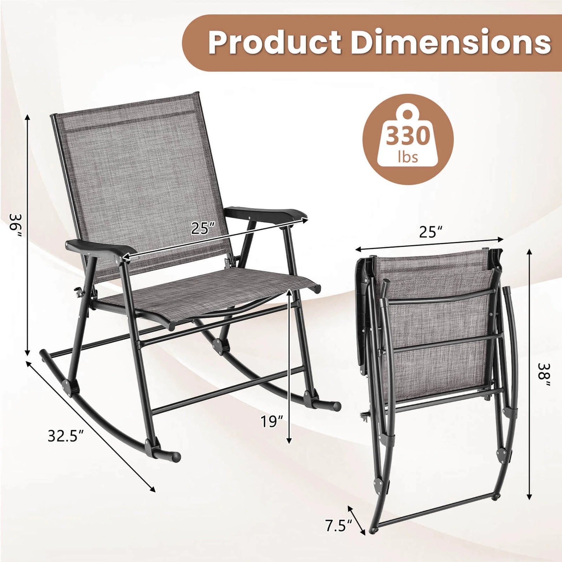 Costway 2pcs Patio Folding Rocking Chair Heavy-Duty Metal Frame Rockers Outdoor Brown