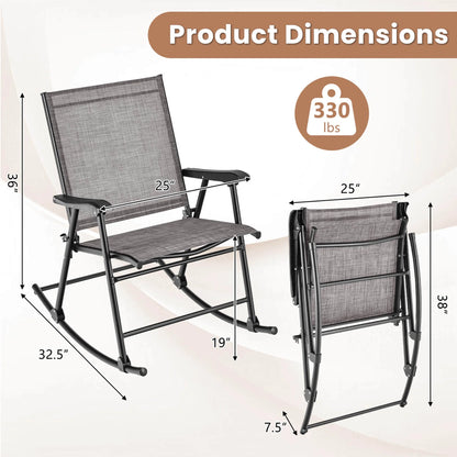 Costway 2pcs Patio Folding Rocking Chair Heavy-Duty Metal Frame Rockers Outdoor Brown