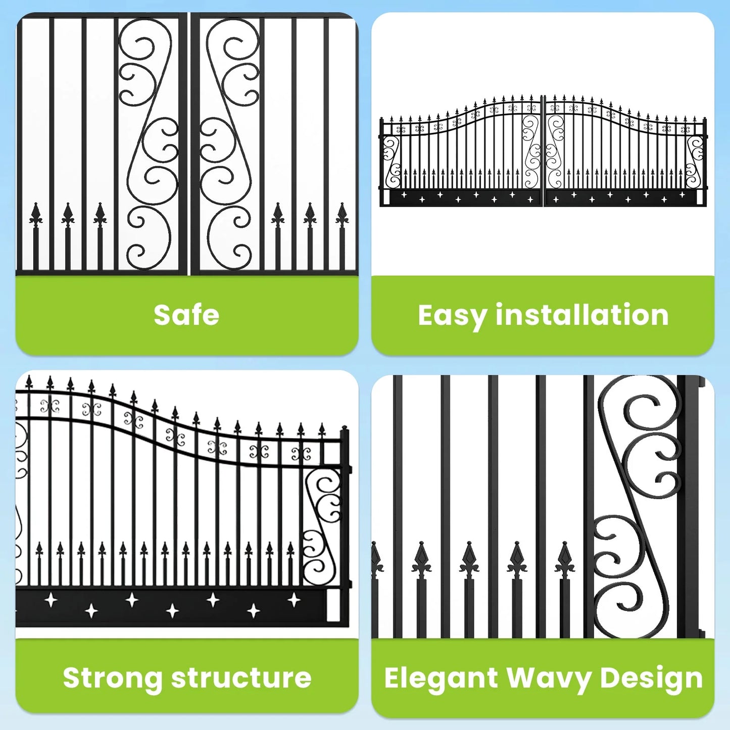 Outdoor Dual Swing Wrought Iron Gate for Driveway, Security Gate, Outdoor Fence Gate, Vienna Style for Yard, Backyard Patio 20'Star