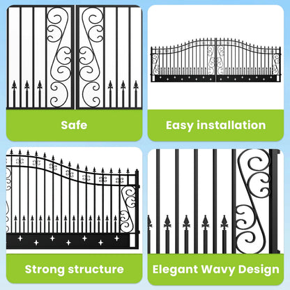 Outdoor Dual Swing Wrought Iron Gate for Driveway, Security Gate, Outdoor Fence Gate, Vienna Style for Yard, Backyard Patio 20'Star