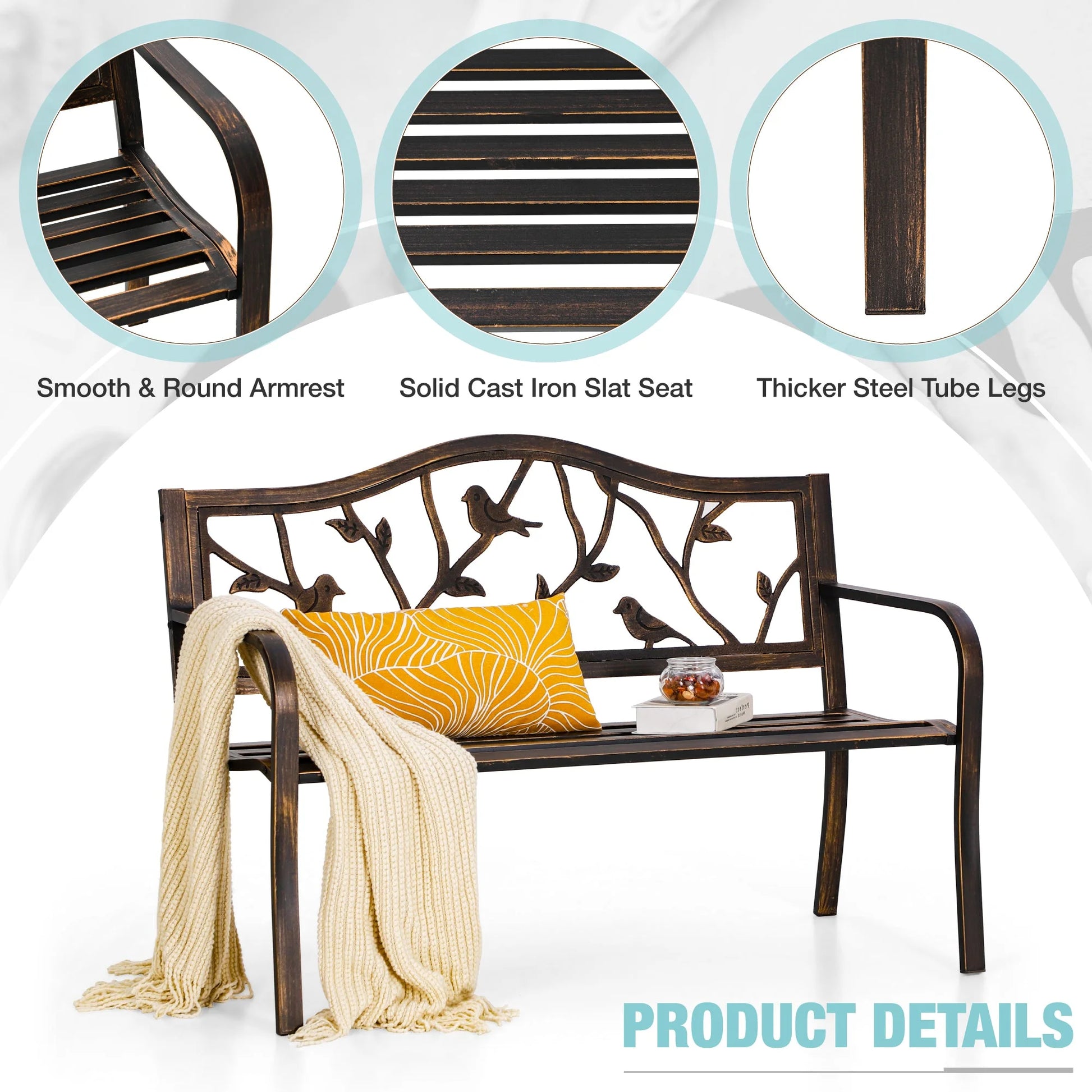 Alpha Joy 50" Outdoor Bench Metal Patio Garden Bench Slatted Seat for Lawn, Park, Porch, Backyard, Deck- Bronze
