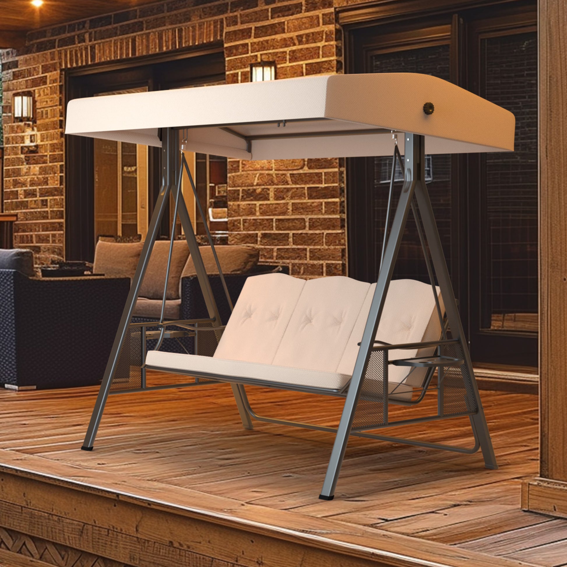 VEIKOUS 3-Seat Porch Swing Glider Outdoor with Adjustable Canopy and Side tables for Patio, Beige
