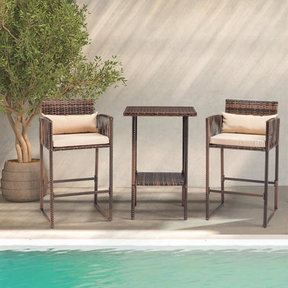 Ktaxon 3 Pcs Wicker Bar Set for Outdoor, Garden, Deck, Rattan Conversatuon Set w/Cushion, Patio Furniture Set, Brown