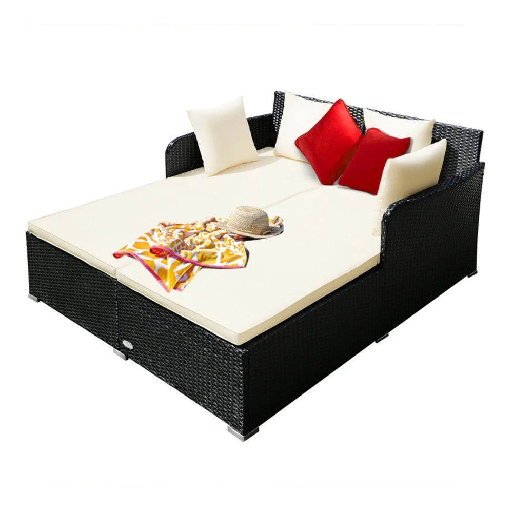Resenkos Outdoor Patio Rattan Wicker Daybed Sectional Conversation Double Chaise Lounge, White Resistant Cushions