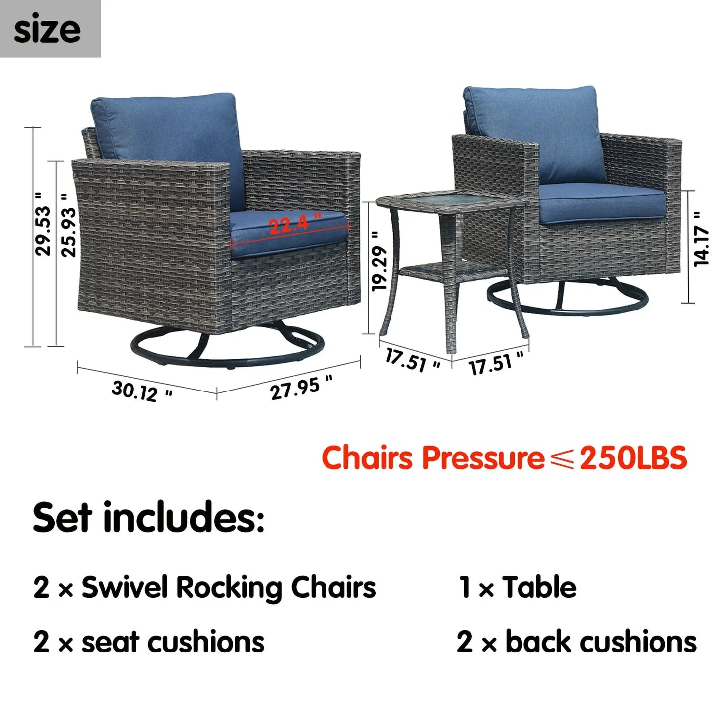 Ovios 3 Pieces Outdoor Furniture with 360° Swivel Rocker Chair Wicker Patio Bistro Set with Side Table