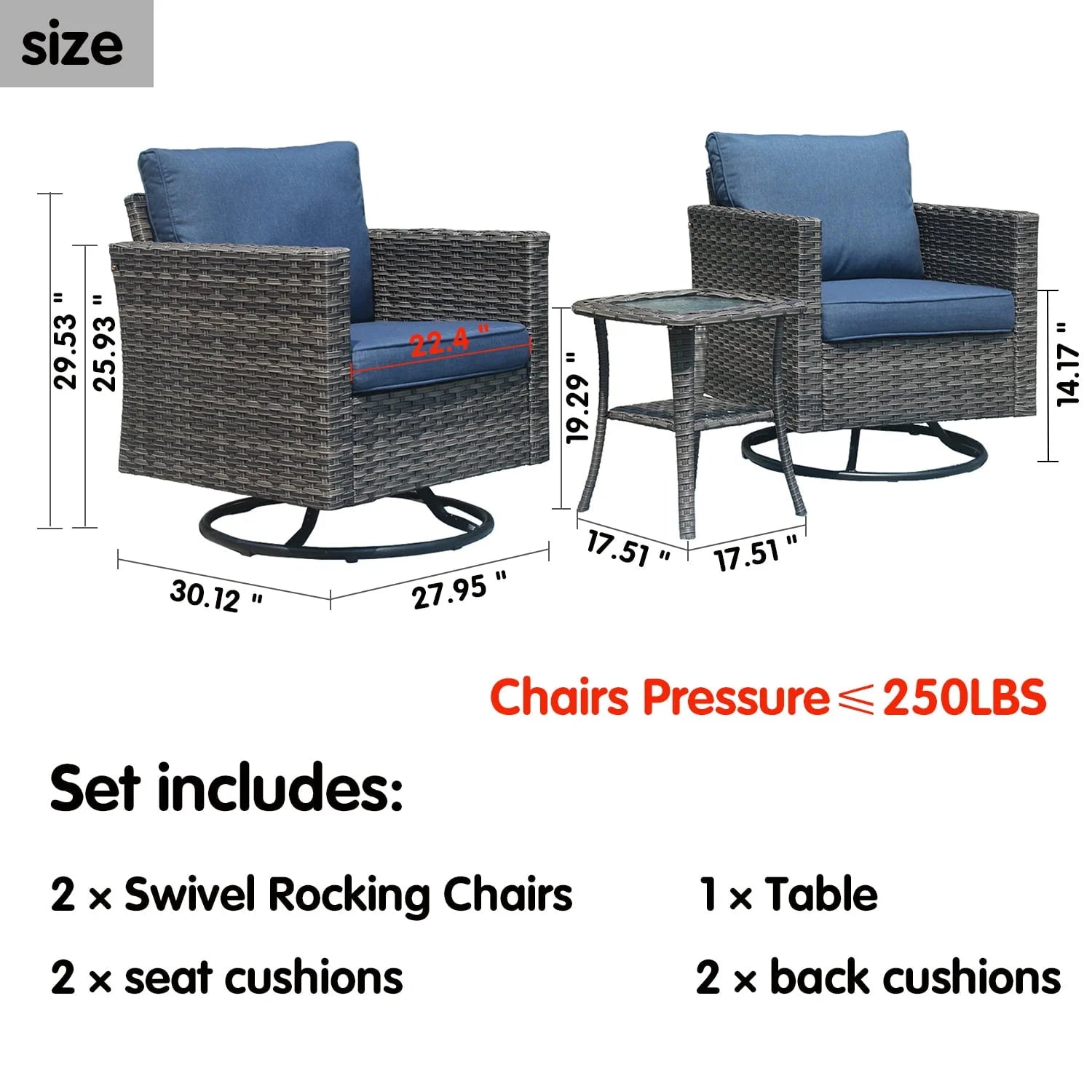 Ovios 3 Pieces Outdoor Furniture with 360° Swivel Rocker Chair Wicker Patio Bistro Set with Side Table