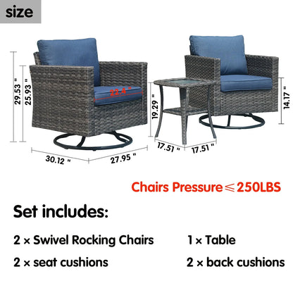 Ovios 3 Pieces Outdoor Furniture with 360° Swivel Rocker Chair Wicker Patio Bistro Set with Side Table
