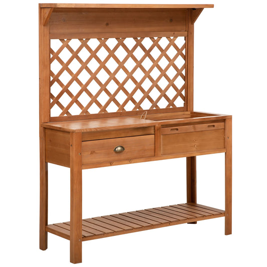 Outsunny Garden Potting Bench, Outdoor Wooden Workstation Table w/Metal Screen, Drawer, Hooks, Storage Shelf, and Lattice Back for Patio and Porch