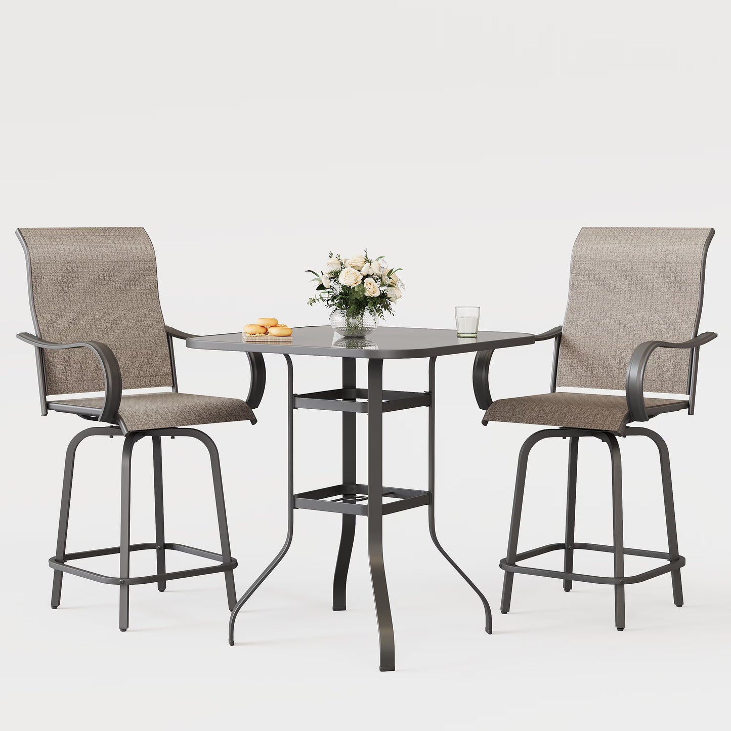 Poteban Patio Bar Height Table with Umbrella Hole, 2-Tier High Top Outdoor Bistro Table, Square Tempered Glass Metal Table for Patio, Lawn, Bar