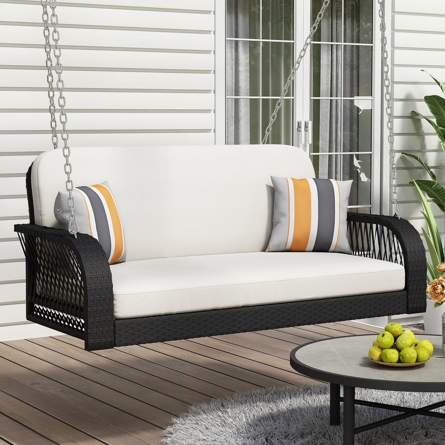 Harper & Bright Designs PE Ratten Porch Swing Chair, 2-Seater Hanging Swing Bench with Chains, All Weather Design Patio Furniture Swing for Backyard Garden Poolside, Grey and White