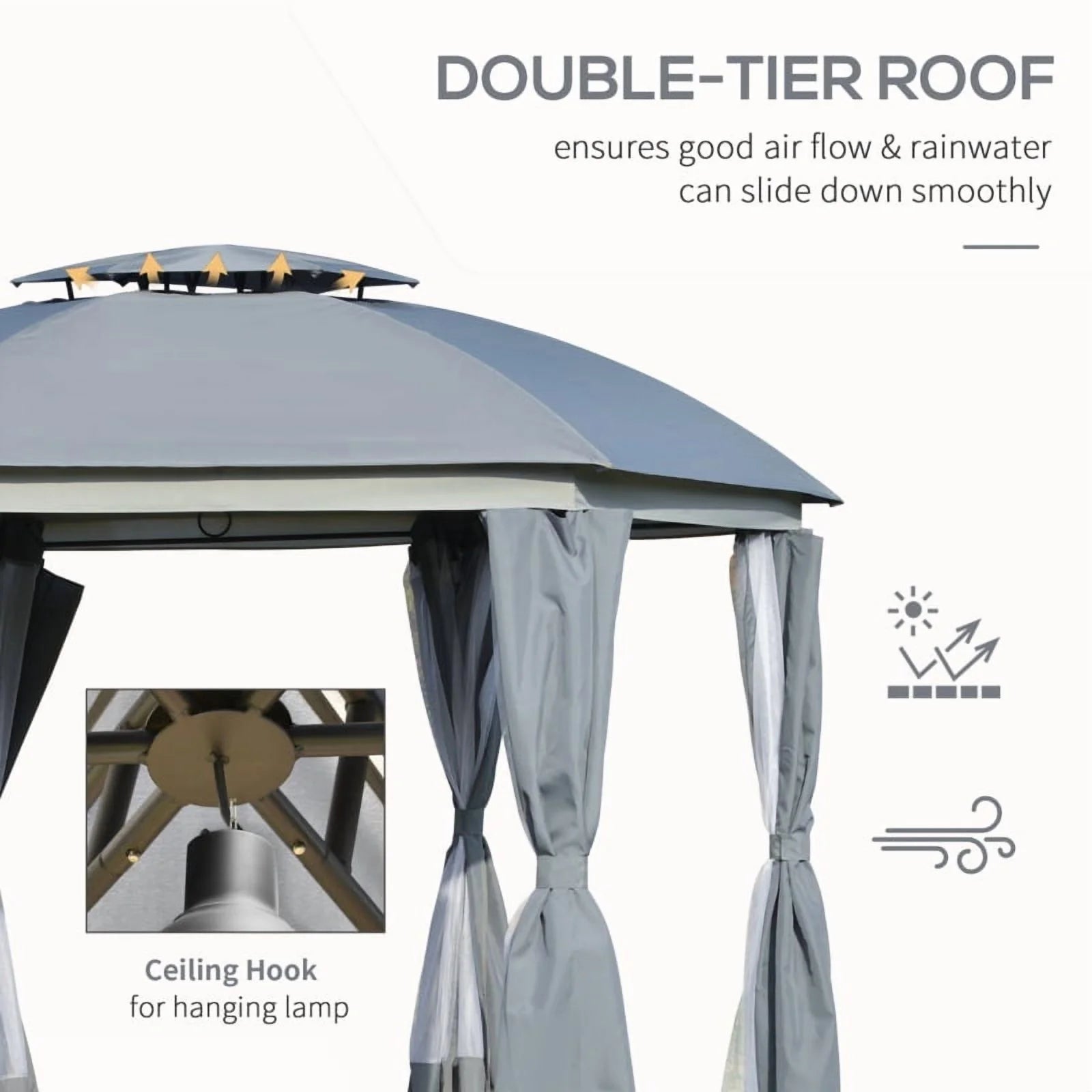 Outsunny 12' x 12' Round Outdoor Gazebo, Patio Dome Gazebo Canopy Shelter with Double Roof, Netting Sidewalls and Curtains, Zippered Doors, Strong Steel Frame, Grey On-Site