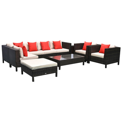 Outsunny 9 Piece Patio Furniture Set, PE Rattan Sofa & Table, Sand