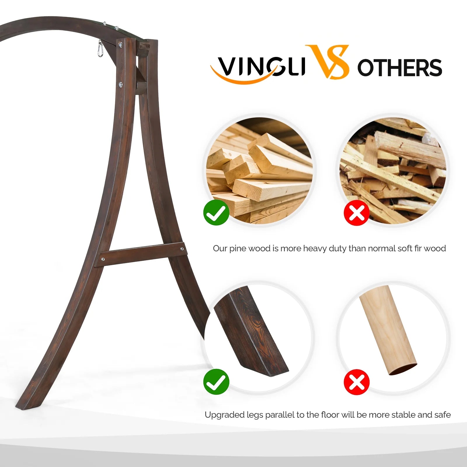 VINGLI 1000 lbs Patio Wooden Porch Swing Stand for 5 ft Swings, Black