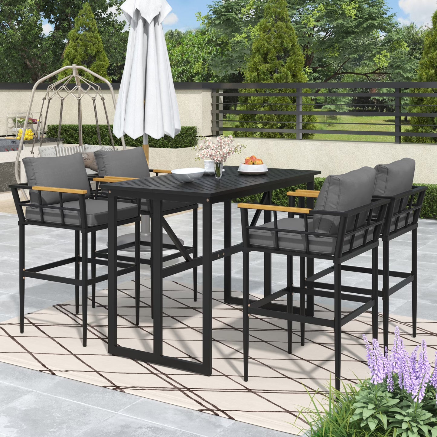 Harper & Bright Designs Iron Outdoor Counter Height Dining Set for 4, 5 Pieces All-Weather Patio Dining Furniture Set with Table and 4 Chairs for Pub Backyard Balcony Garden, Gray