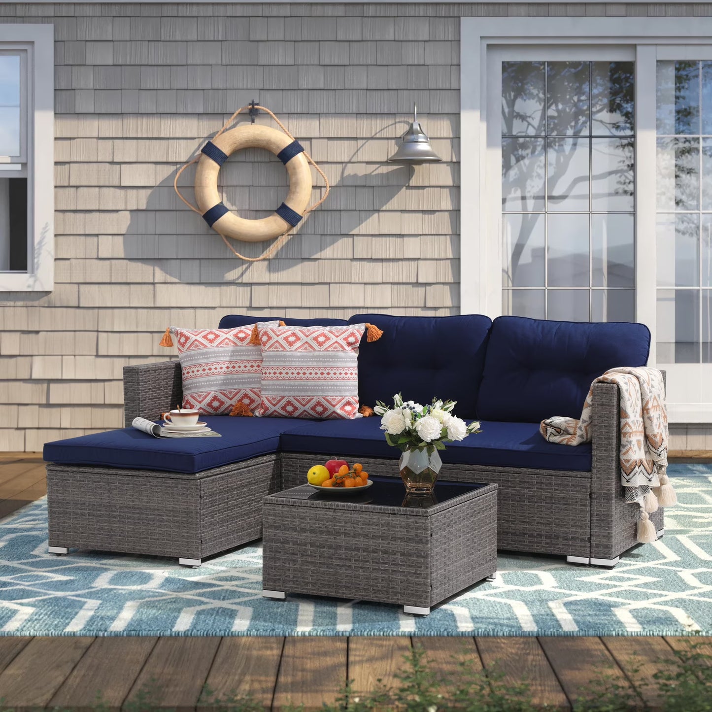 3 Piece Patio Furniture Sets, Outdoor All-Weather Wicker Sectional Sofa Set, Beige