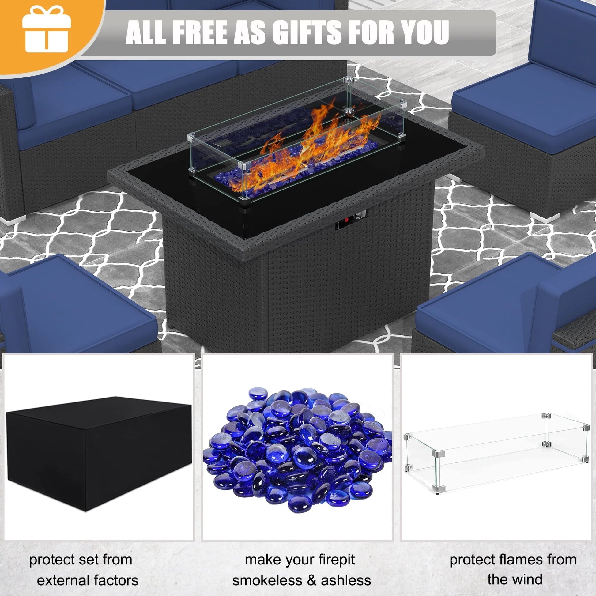 8 Piece Patio Furniture Set with 44" Propane Gas Fire Pit Table, Outdoor Sectional Conversation Set Wicker Rattan Sofa Set with Coffee Table