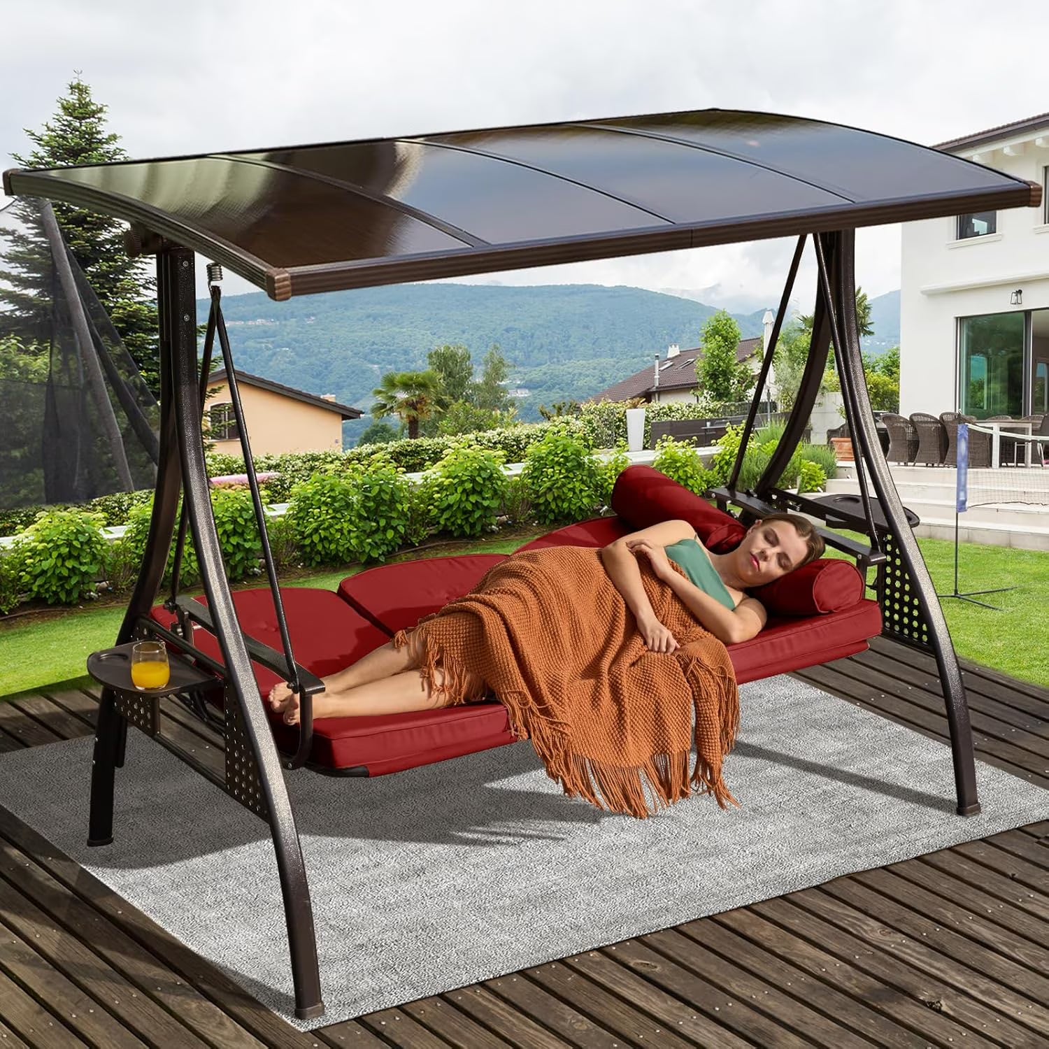 3-Seat Patio Porch Swing with Adjustable Hardtop,3 in 1 Convertible Outdoor Porch Swing for Adults,Patio Swing with Thicken Cushion,Pillows & Cup Holders for Porch,Backyard,Garden (Wine Red)