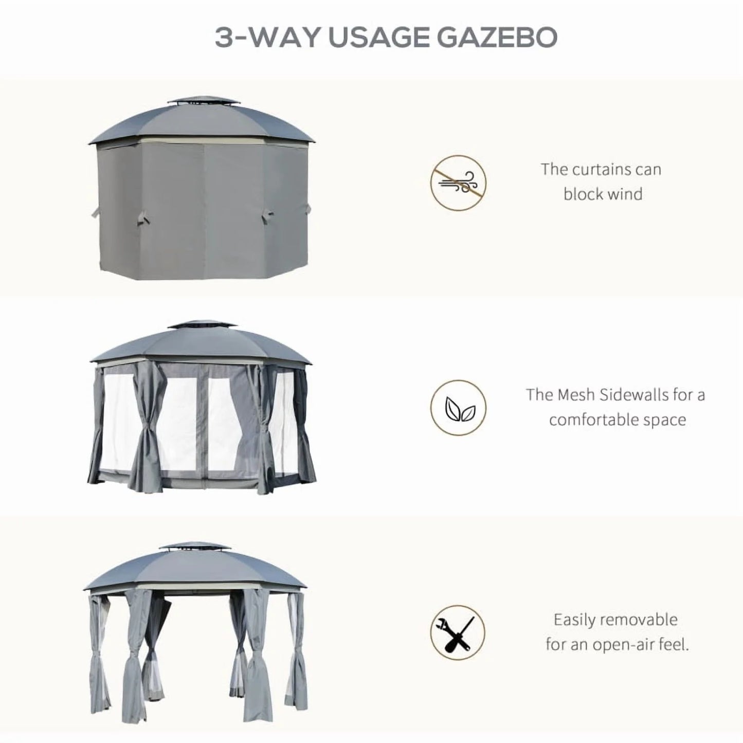 Outsunny 12' x 12' Round Outdoor Gazebo, Patio Dome Gazebo Canopy Shelter with Double Roof, Netting Sidewalls and Curtains, Zippered Doors, Strong Steel Frame, Grey On-Site