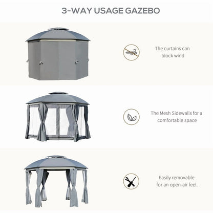 Outsunny 12' x 12' Round Outdoor Gazebo, Patio Dome Gazebo Canopy Shelter with Double Roof, Netting Sidewalls and Curtains, Zippered Doors, Strong Steel Frame, Grey On-Site
