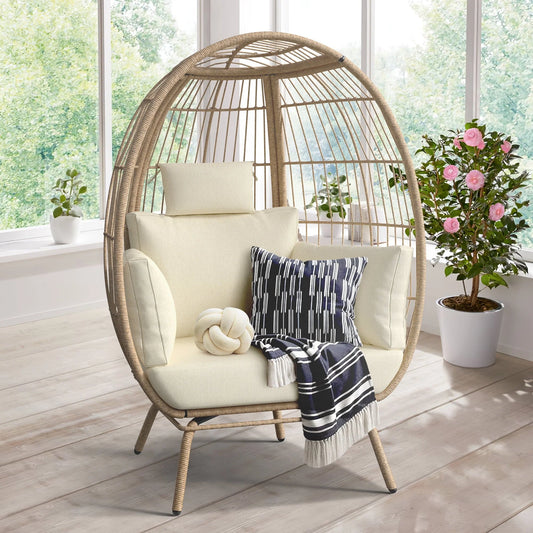 DWVO Wicker Egg Chair, Oversized Indoor Outdoor Lounger for Patio, Backyard, Living Room, Beige