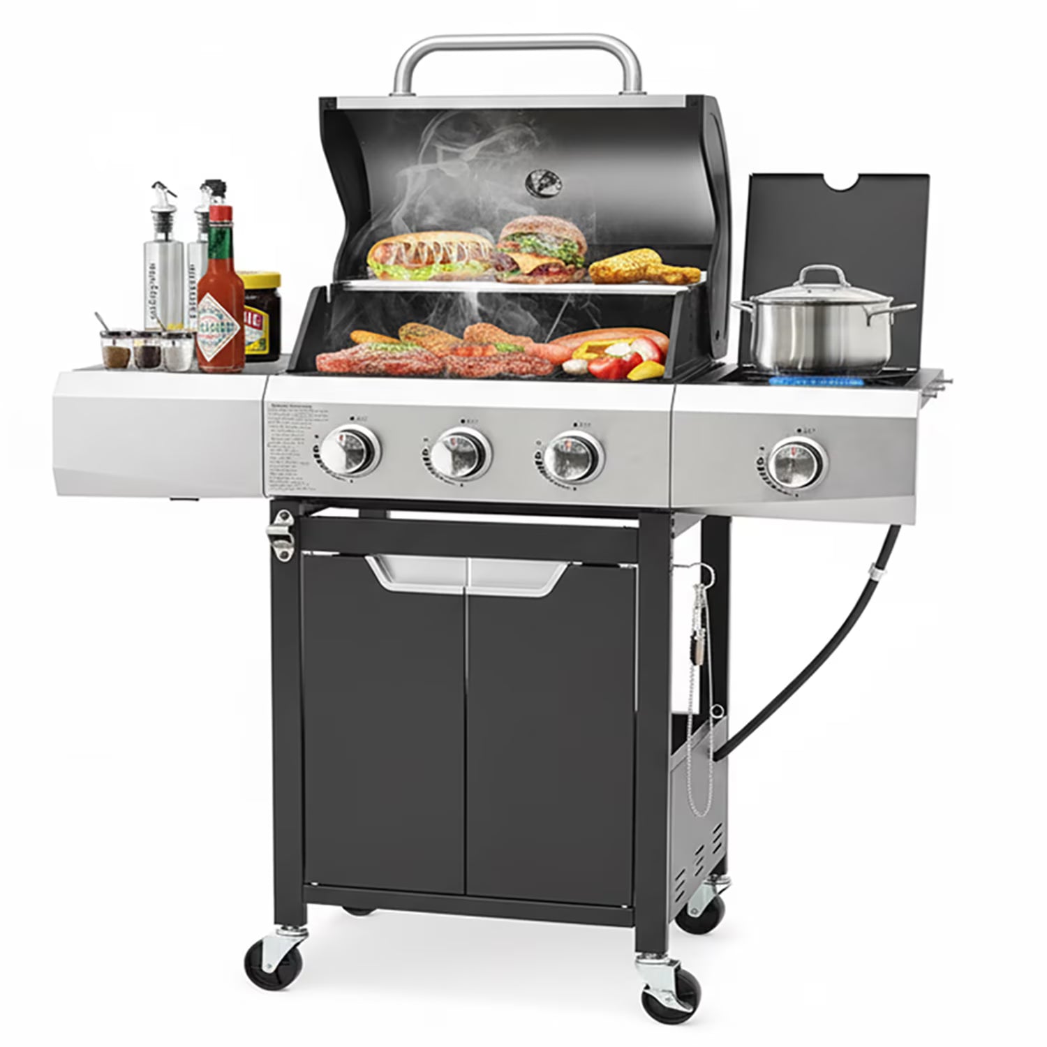 Seizeen 40,500 BTU Propane Gas Grill with Side Burner, Stainless Steel 3 Burner Barbecue Grill Portable on Wheels, with Bottle Opener, for Camping Patio Outdoor Cooking