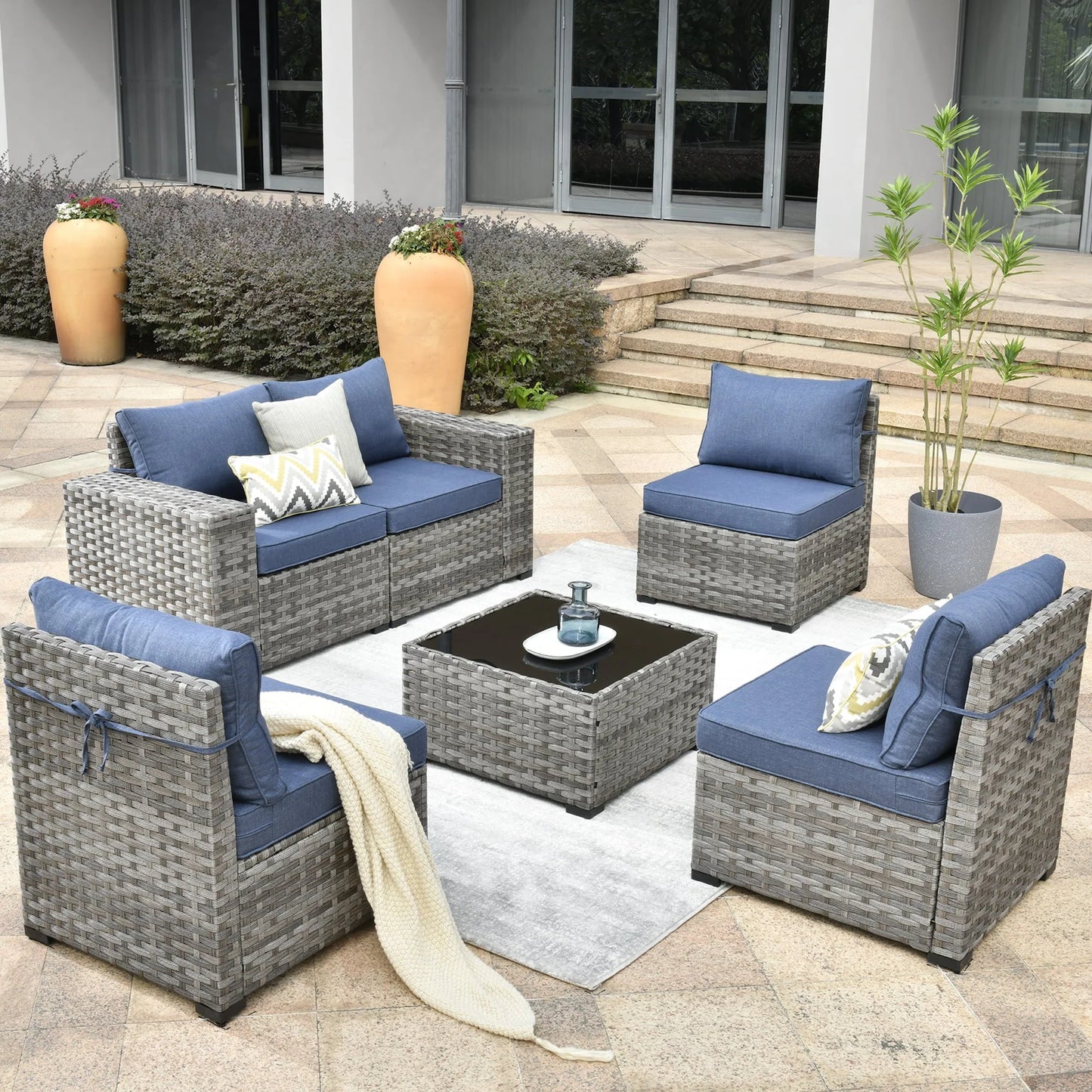 Ovios 6 Piece Outdoor Furniture All Weather Wicker Patio Conversation Sectional Couch with 7.68" Armrest for Garden Backyard