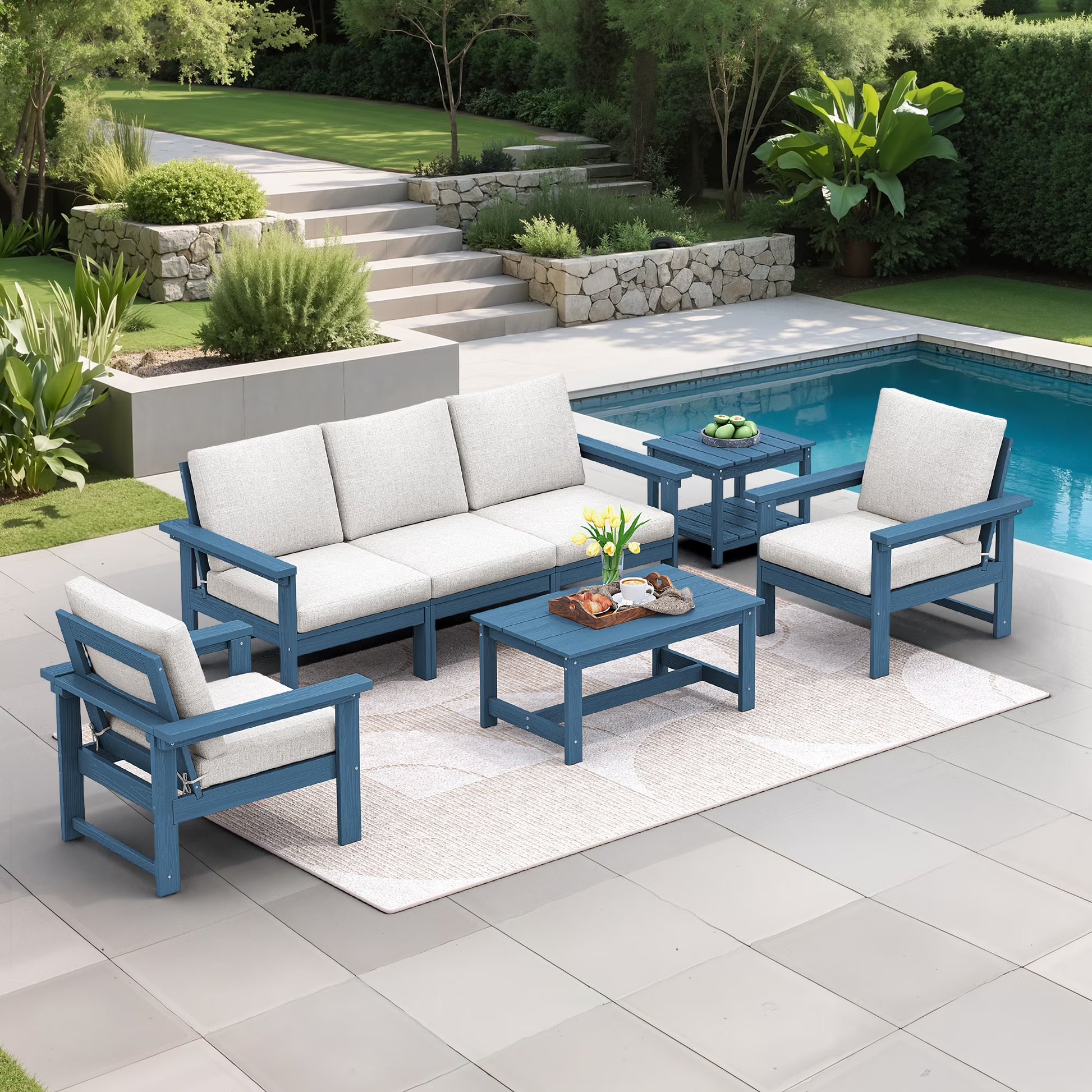 SERWALL Outdoor Patio Furniture Set, 7-Piece HDPE Outdoor Sofa Set Patio Conversation Set, Black Frame with Beige Cushions