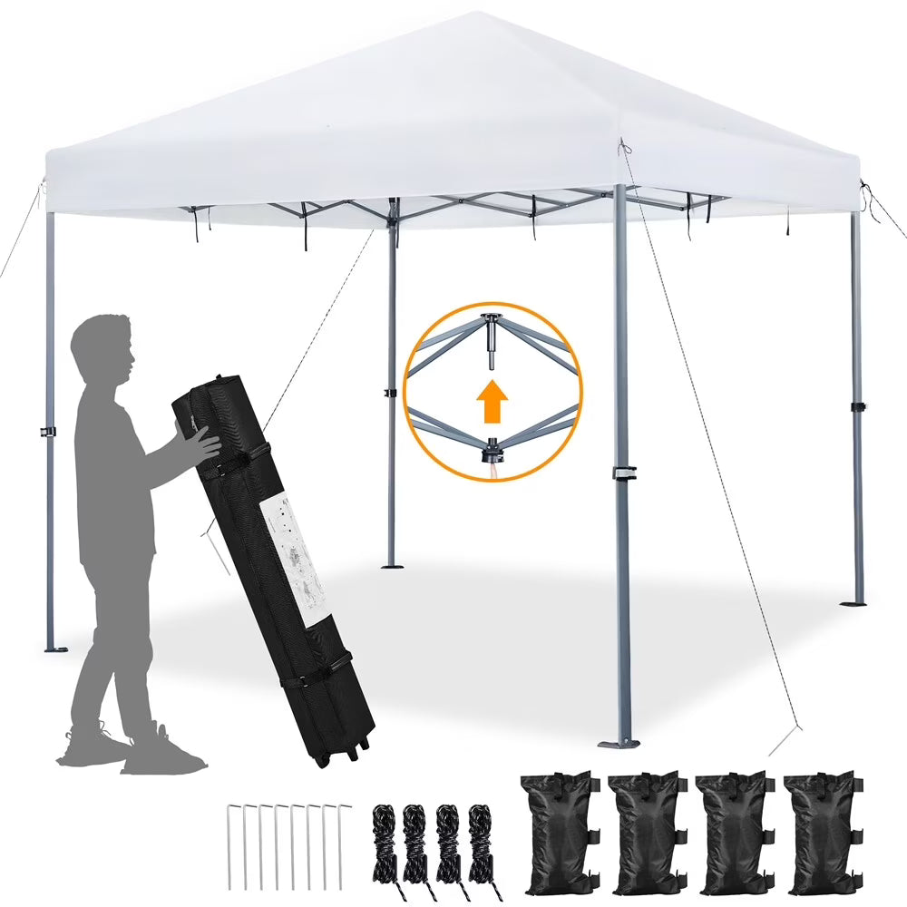 CHLET Pop-up Canopy Tent Integrated Wheels for Mobility, Waterpoof & Heavy Duty, Instant Sun Shelter with Carry Bag, Weight Bags for Outdoor Camping Beach Patio Parties,8x8,White