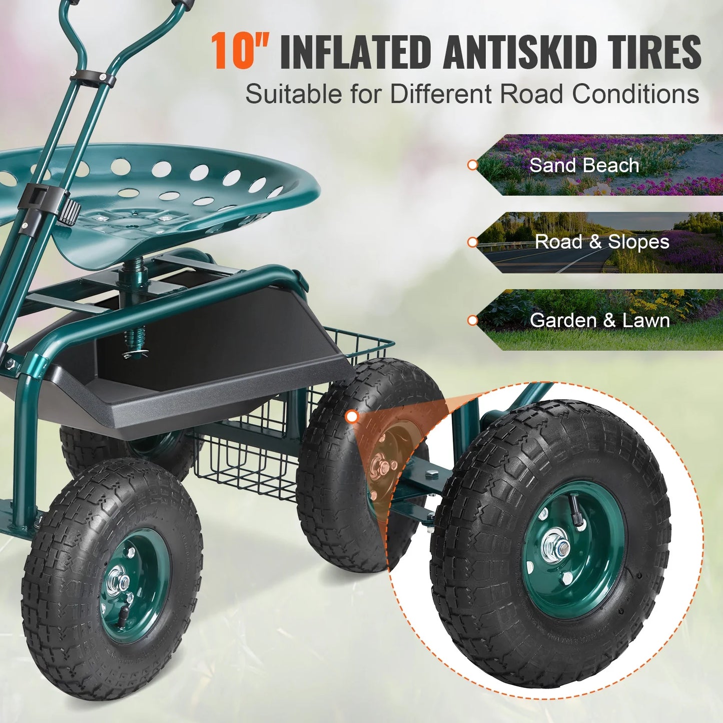 KFFKFF Garden Cart Rolling Workseat with Wheels, Gardening Stool for Planting, 360 Degree Swivel Seat, Wagon Scooter with Steering Handle & Utility Tool Tray, Use for Patio, Yard, and Outdoors