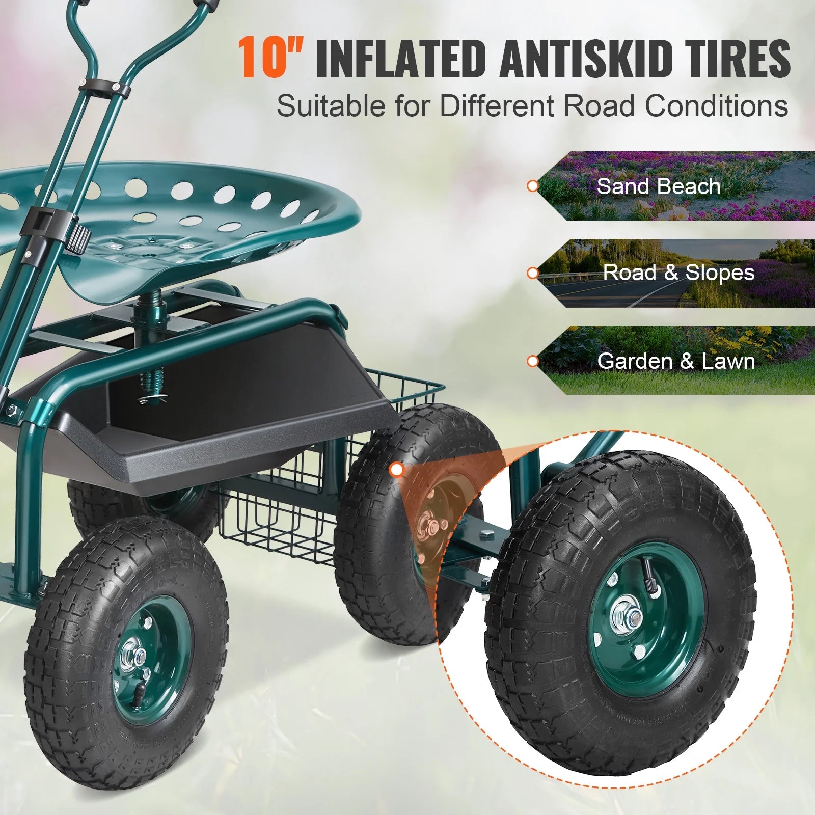 KFFKFF Garden Cart Rolling Workseat with Wheels, Gardening Stool for Planting, 360 Degree Swivel Seat, Wagon Scooter with Steering Handle & Utility Tool Tray, Use for Patio, Yard, and Outdoors
