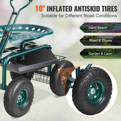 KFFKFF Garden Cart Rolling Workseat with Wheels, Gardening Stool for Planting, 360 Degree Swivel Seat, Wagon Scooter with Steering Handle & Utility Tool Tray, Use for Patio, Yard, and Outdoors