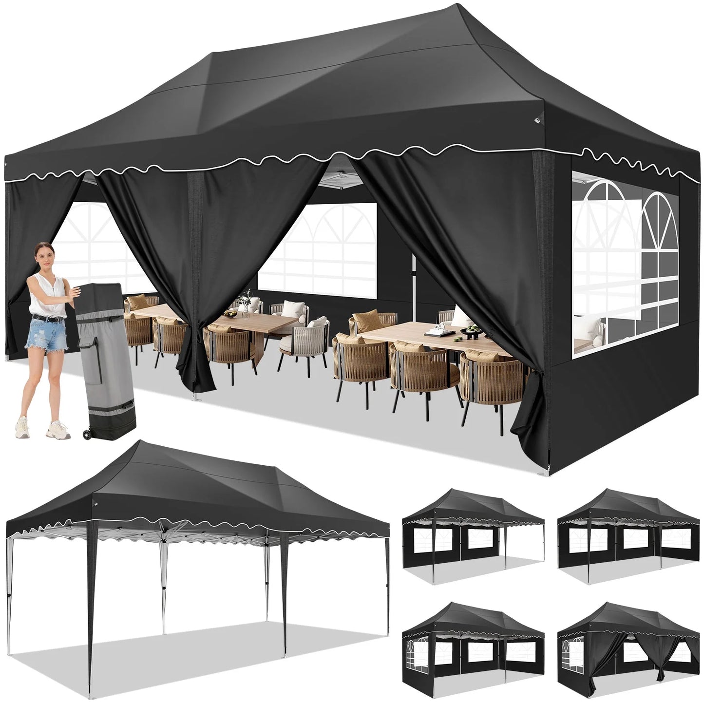 HOTEEL 10x20 Pop up Canopy Tents with Removeble Sidewalls,Outdoor Gazebo with Wheeled Bag & 4 Sandbags,for Patio,Wedding,Backyard,Camping,Parties,Event,Black
