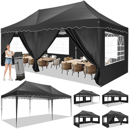 HOTEEL 10x20 Pop up Canopy Tents with Removeble Sidewalls,Outdoor Gazebo with Wheeled Bag & 4 Sandbags,for Patio,Wedding,Backyard,Camping,Parties,Event,Black