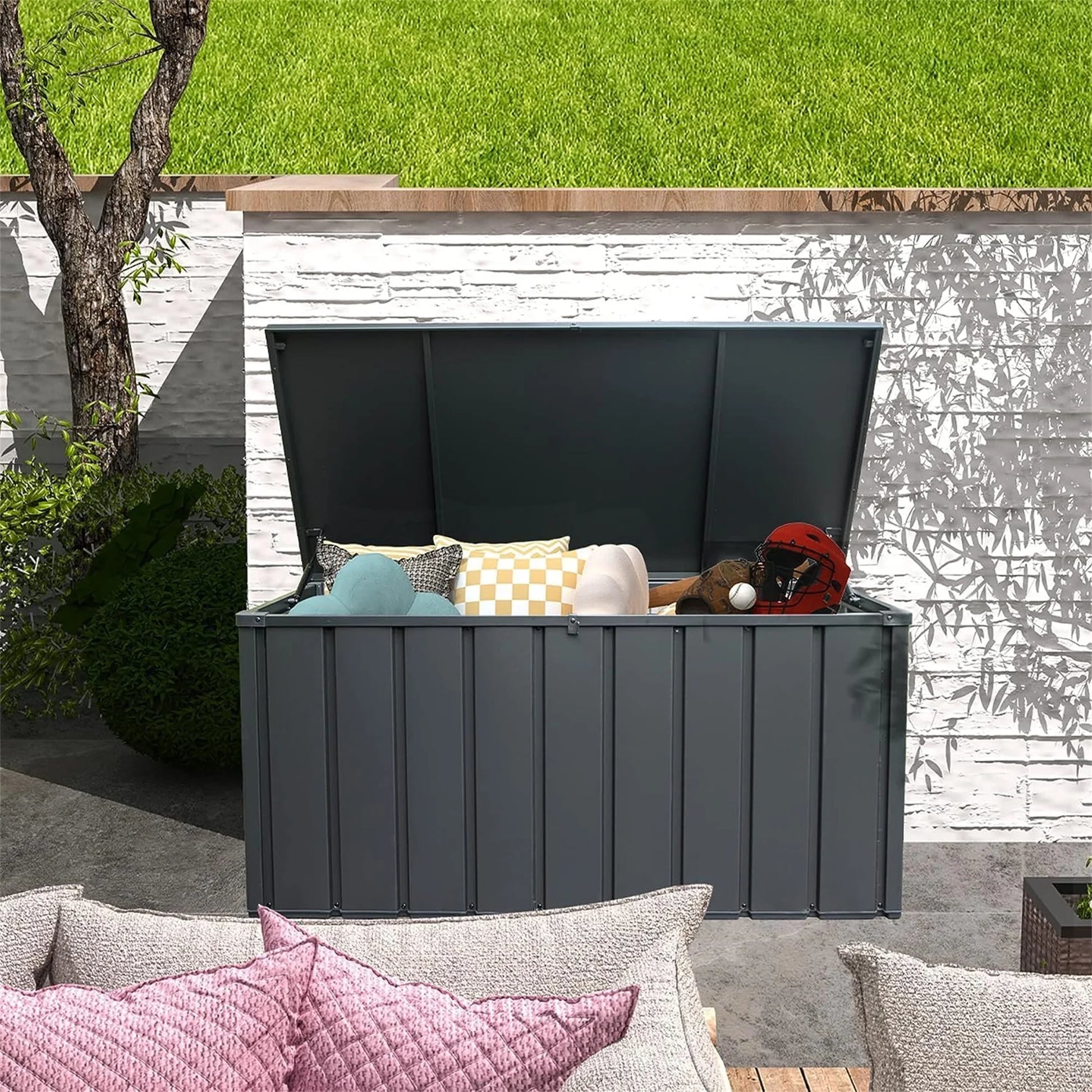 100 Gallon Outdoor Storage Deck Box Waterproof, Large Patio Poolside Storage Bin for Outside Cushions, Throw Pillows, Garden Tools (Dark Gray)